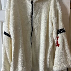 New Kendal & Kylie White Fuzzy Hooded Jacket with Black and Red Accents